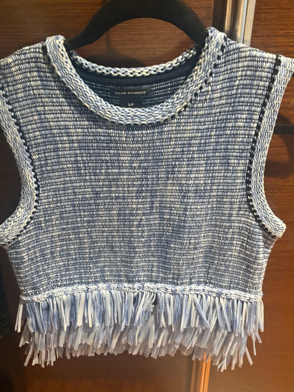 Club Monaco Light Blue Knit Fringe Crop Top